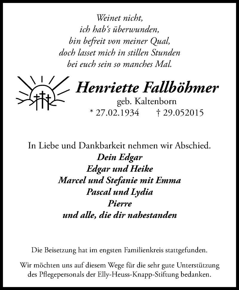  Traueranzeige für Henriette Fallböhmer vom 10.06.2015 aus Wochen-Anzeiger Oberhausen