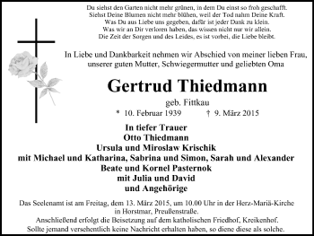 Traueranzeige von Gertrud Thiedmann von Lüner Anzeiger