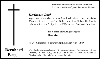 Traueranzeige von Bernhard Berger von Stadtspiegel Gladbeck