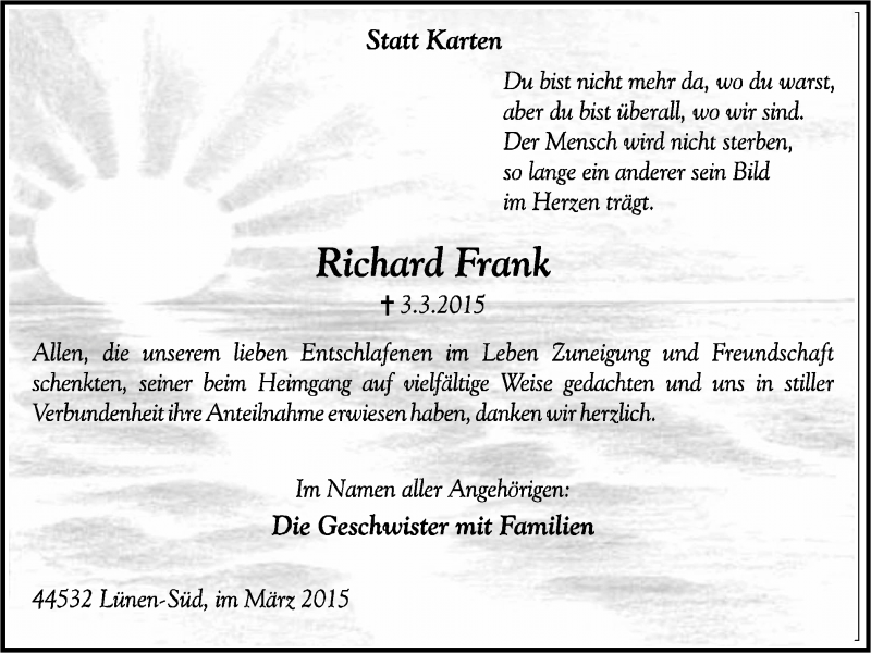 Traueranzeige für Richard Frank vom 21.03.2015 aus Lüner Anzeiger