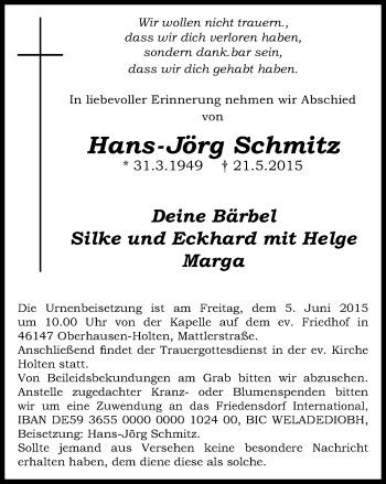 Traueranzeige von Hans-Jörg Schmitz von Wochen-Anzeiger Oberhausen