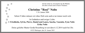 Traueranzeige von Christine  Nolte von Stadtspiegel Hattingen/Niedersprockhövel