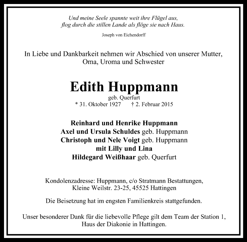  Traueranzeige für Edith Huppmann vom 07.02.2015 aus Stadtspiegel Hattingen/Niedersprockhövel