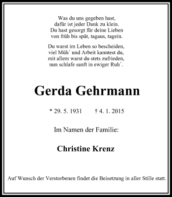 Traueranzeige von Gerda Gehrmann von Stadtanzeiger Velbert + Heiligenhaus