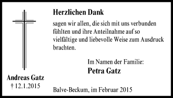 Traueranzeige von Andreas Gatz von WVW Anzeigenblätter