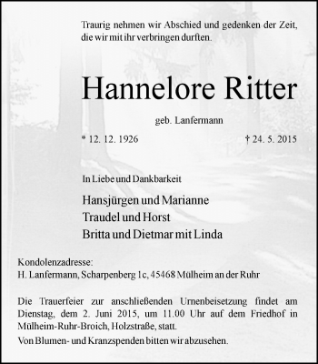 Traueranzeige von Hannelore Ritter von Mülheimer Woche