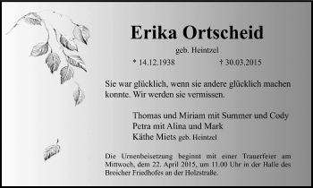 Traueranzeige von Erika Ortscheid von Mülheimer Woche