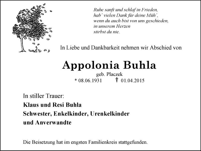  Traueranzeige für Appolonia Buhla vom 11.04.2015 aus Stadtspiegel Bottrop