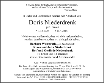 Traueranzeige von Doris Niederdrenk von Stadtanzeiger Velbert + Heiligenhaus