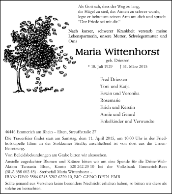 Traueranzeige von Maria Wittenhorst von Stadtanzeiger Emmerich/Rees/Isselburg