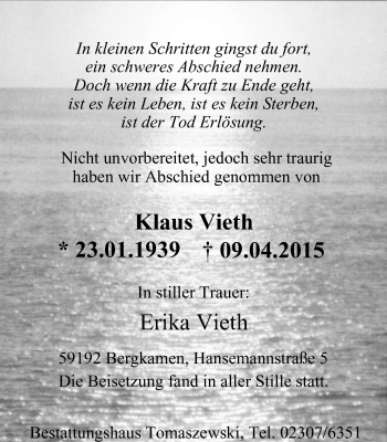 Traueranzeige von Erika Vieth von Stadtspiegel Kamen + Unna