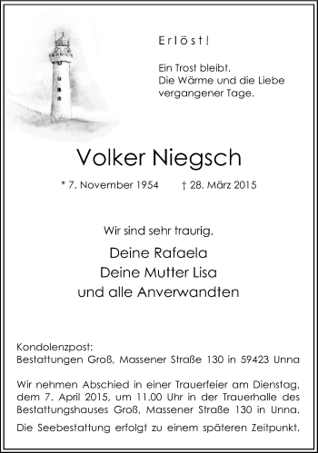 Traueranzeige von Volker Niegsch von Stadtspiegel Kamen + Unna