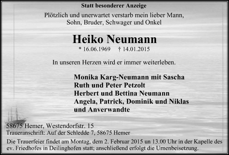  Traueranzeige für Heiko Neumann vom 28.01.2015 aus Stadtspiegel Iserlohn + Hemer