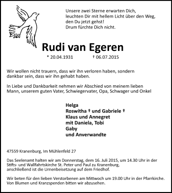 Traueranzeige von Rudi van Egeren von Klever Wochenblatt