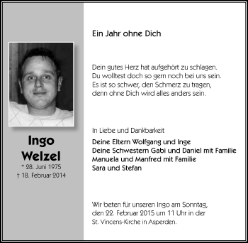Traueranzeige von Ingo Welzel von Gocher Wochenblatt