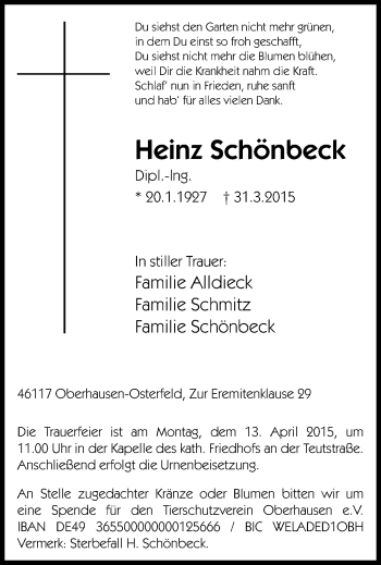 Traueranzeige von Heinz Schönbeck von Wochen-Anzeiger Oberhausen