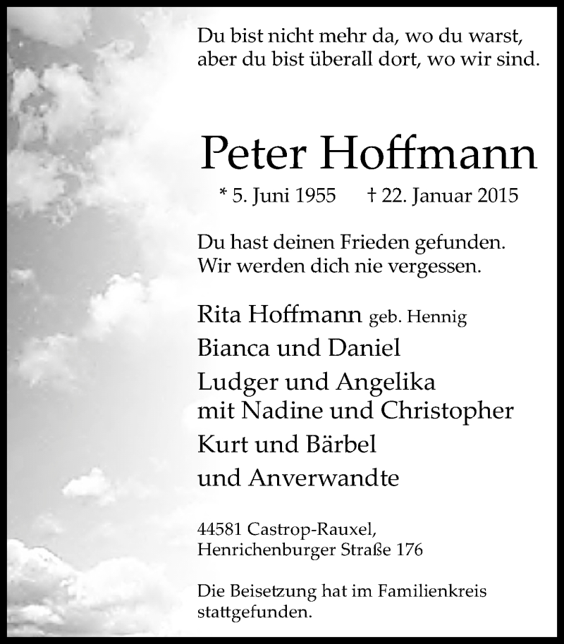  Traueranzeige für Peter Hoffmann vom 31.01.2015 aus Stadtanz.Castrop-Rauxel