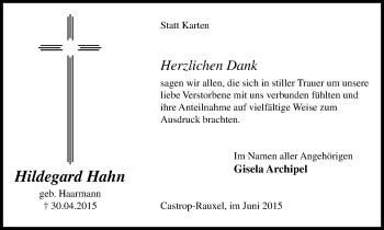 Traueranzeige von Hildegard Hahn von Stadtanz.Castrop-Rauxel