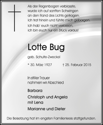Traueranzeige von Lotte Bug von Stadtspiegel Bottrop