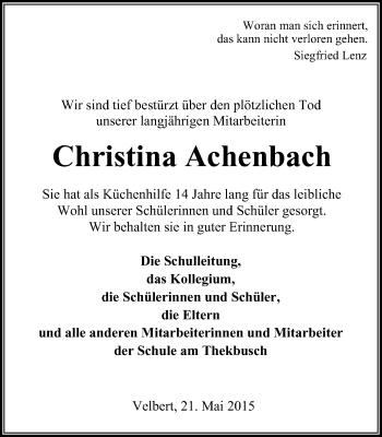Traueranzeige von Christina Achenbach von WVW Anzeigenblätter