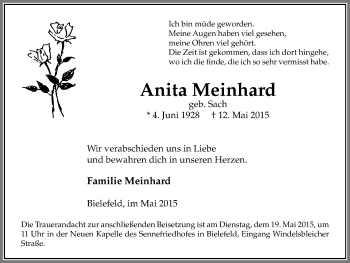 Traueranzeige von Anita Meinhard von Stadtanz.Castrop-Rauxel