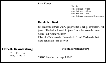 Traueranzeige von Elsbeth Brandenburg von Stadtspiegel Menden + Froendenberg