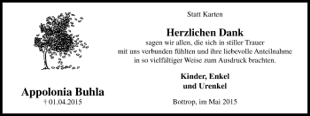 Traueranzeige von Appolonia Buhla von Stadtspiegel Bottrop