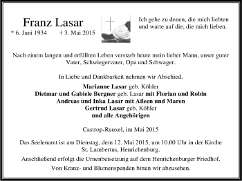Traueranzeige von Franz Lasar von Stadtanz.Castrop-Rauxel