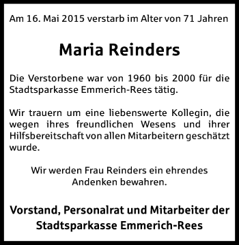 Traueranzeige von Maria Reinders von WVW Anzeigenblätter