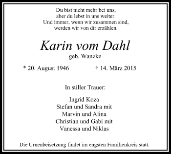 Traueranzeige von Karin vom Dahl von WVW Anzeigenblätter