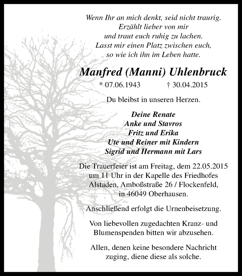  Traueranzeige für Manfred Manni Uhlenbruck vom 20.05.2015 aus Wochen-Anzeiger Oberhausen