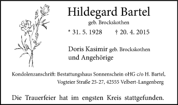 Traueranzeige von Hildegard Bartel von Stadtanzeiger Velbert + Heiligenhaus