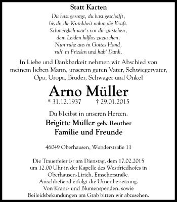 Traueranzeige von Arno Müller von WVW Anzeigenblätter