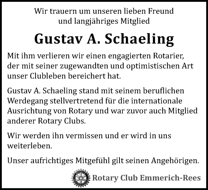  Traueranzeige für Gustav A. Schaeling vom 13.05.2015 aus Stadtanzeiger Emmerich/Rees/Isselburg + Klever Wochenblatt