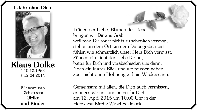  Traueranzeige für Klaus Dolke vom 01.04.2015 aus Der Weseler + Der Xantener