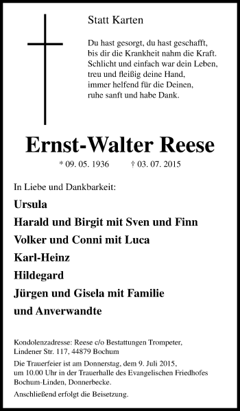 Traueranzeige von Ernst-Walter Reese von Stadtspiegel Bochum