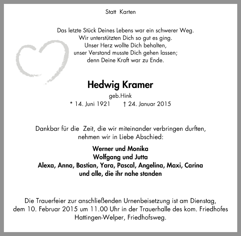  Traueranzeige für Hedwig Kramer vom 07.02.2015 aus Stadtspiegel Hattingen/Niedersprockhövel