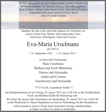 Traueranzeige von Eva-Maria Urselmans von Gocher Wochenblatt