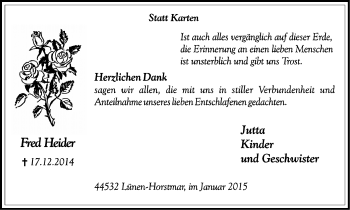 Traueranzeige von Fred Heider von Lüner Anzeiger