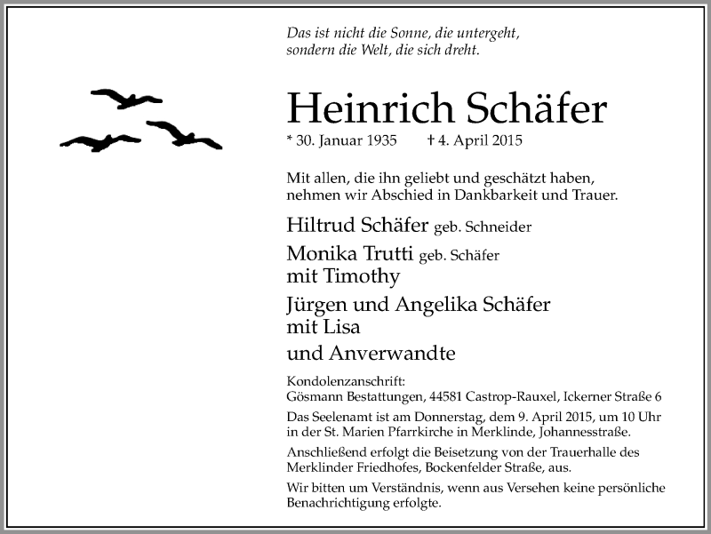  Traueranzeige für Heinrich Schäfer vom 08.04.2015 aus Stadtanz.Castrop-Rauxel