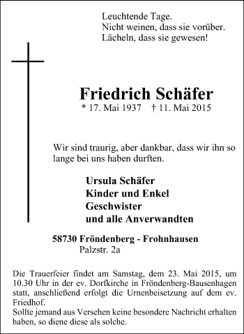 Traueranzeige von Friedrich Schäfer von Stadtspiegel Menden + Froendenberg