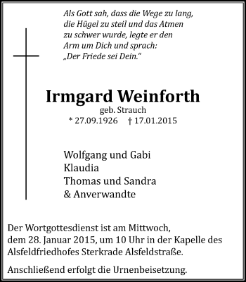 Traueranzeige von Irmgard Weinforth von Wochen-Anzeiger Oberhausen