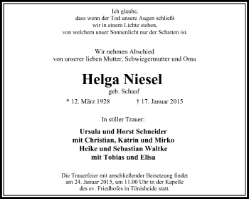 Traueranzeige von Helga Niesel von Stadtanzeiger Velbert + Heiligenhaus