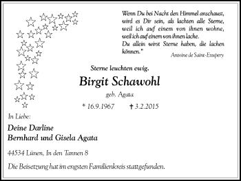 Traueranzeige von Birgit Schawohl von Lüner Anzeiger