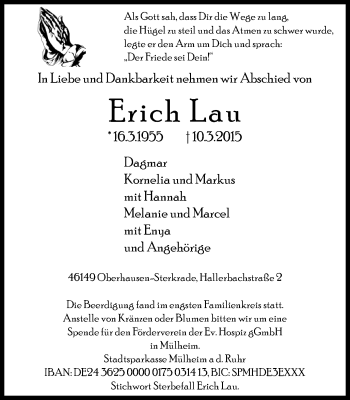 Traueranzeige von Erich Lau von Wochen-Anzeiger Oberhausen