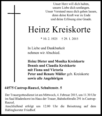 Traueranzeige von Heinz Kreiskorte von Stadtanz.Castrop-Rauxel