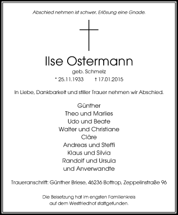 Traueranzeige von Ilse Ostermann von Stadtspiegel Bottrop