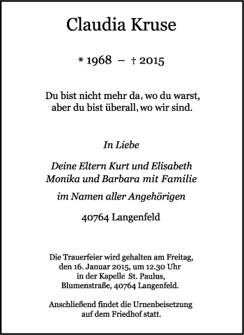Traueranzeige von Claudia Kruse von Wochen-Anzeiger Langenfeld/Monheim/Hilden