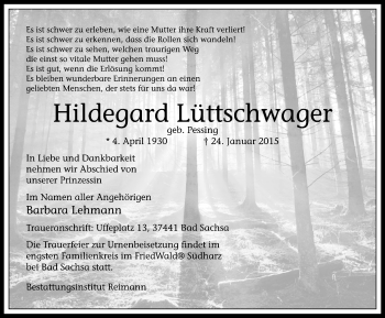 Traueranzeige von Hildegard Lüttschwager von Lüner Anzeiger