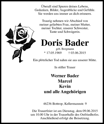 Traueranzeige von Doris Bader von Stadtspiegel Bottrop
